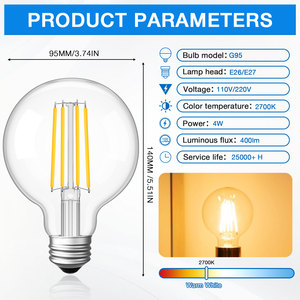 Có thể điều chỉnh cổ điển rõ ràng Glass <span class=keywords><strong>g</strong></span>-shape LED <span class=keywords><strong>Light</strong></span> <span class=keywords><strong>Bulb</strong></span> Tiết kiệm năng lượng AC220V E27 & kích thước lớn G95 4 Wát SMD LED <span class=keywords><strong>BULB</strong></span> - Product Image 2