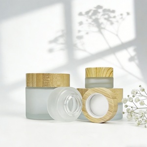 High Quality clear Frosted Face Cream Glass Jar with Bamboo <b>Cap</b> 30g 50g 60g 100g Wide-mouth Amber Body <b>Scrub</b> Cream Glass Jar - Product Image 4