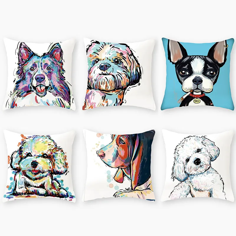 Amity, recién llegado, decoración, funda de almohada corta de felpa, patrón de Animal de dibujos animados, funda de cojín pintada con estampado de perro para sofá