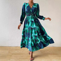 Robe longue d'été décontractée en mousseline à imprimé floral, col en V, manches longues, coupe trapèze, taille naturelle, lavable en machine