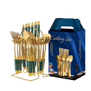 Bán buôn 24 cái thép không gỉ Gốm xử lý <span class=keywords><strong>Flatware</strong></span> dao muỗng nĩa vàng sang trọng thiết lập dao kéo với sang trọng đứng giá - Product Image 4