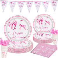 Articles de fête d'anniversaire rose avec nœud papillon pour filles : Assiettes, gobelets, serviettes, nappe et guirlande décorative pour une décoration douce et festive