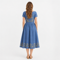 Robe décontractée pour femme, col bateau, manches courtes, broderie florale, robe midi, mélange de lin 200GSM, coupe trapèze, logo personnalisé OEM, robe décontractée