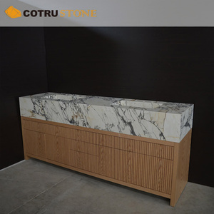Meuble-lavabo double <span class=keywords><strong>vasque</strong></span> <span class=keywords><strong>en</strong></span> marbre Calacatta Viola sur mesure avec meuble <span class=keywords><strong>en</strong></span> <span class=keywords><strong>bois</strong></span> et plateau <span class=keywords><strong>en</strong></span> pierre naturelle pour salle de bain décorative - Product Image 2