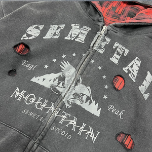 Sweat à capuche zippé vintage épais pour homme, effet délavé, à carreaux, vieilli, surdimensionné, double couche, réversible - Product Image 2