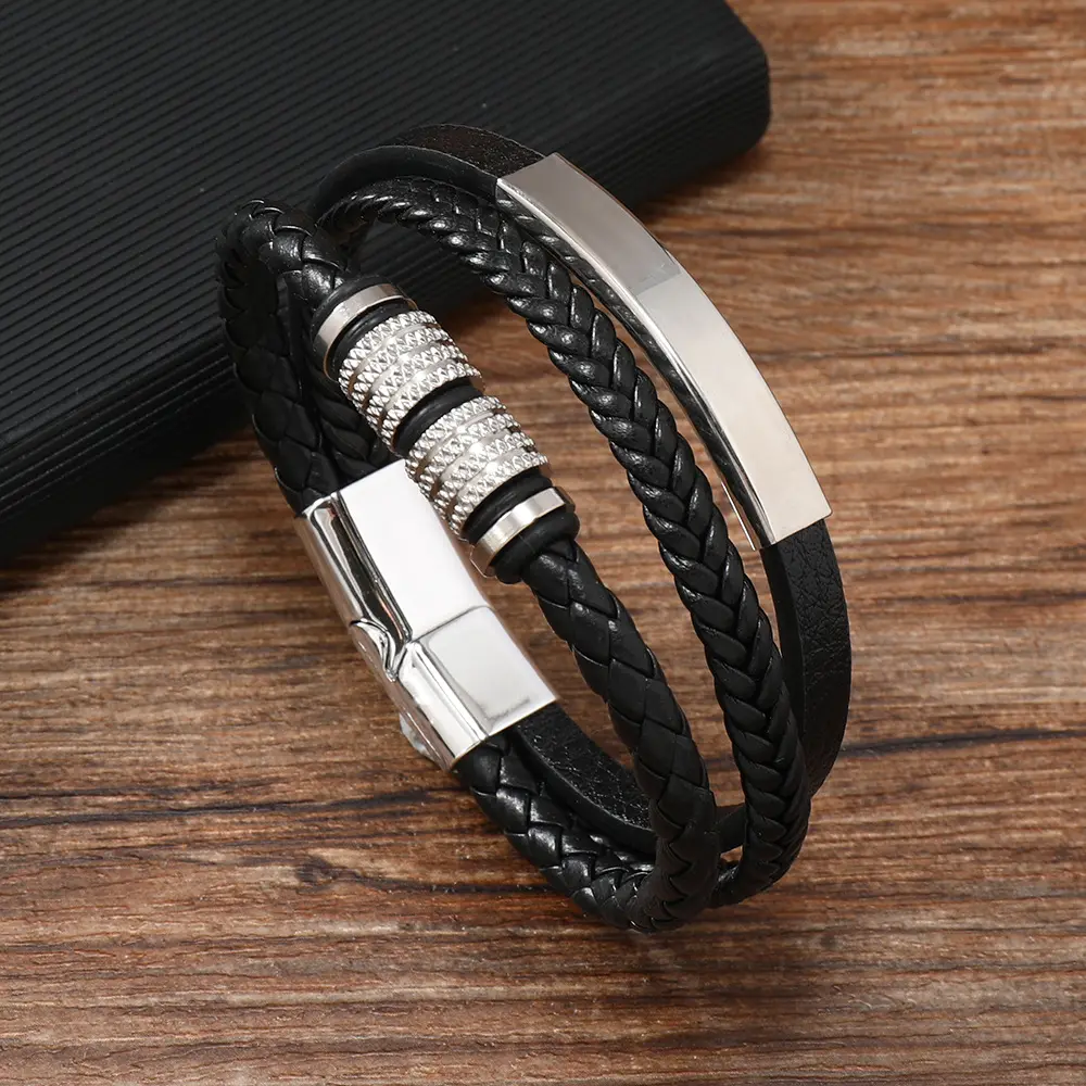 Brazalete de cuero para hombre, pulsera de cuero y acero inoxidable para hombre