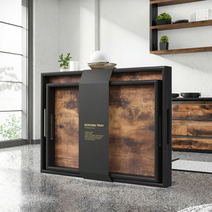 Ensemble de plateaux de service en bois rustique avec poignées |   Plateau rectangulaire décoratif pour table basse, ottoman, cuisine, salle à manger, maison - Product Image 3