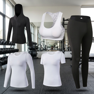 5 Piece Seamless Yoga <b>Set</b> <b>Women</b> High Waist <b>Leggings</b> Zip Up <b>Hoodie</b> Racerback Sports Bra Long Short Sleeve Tops - Product Image 3