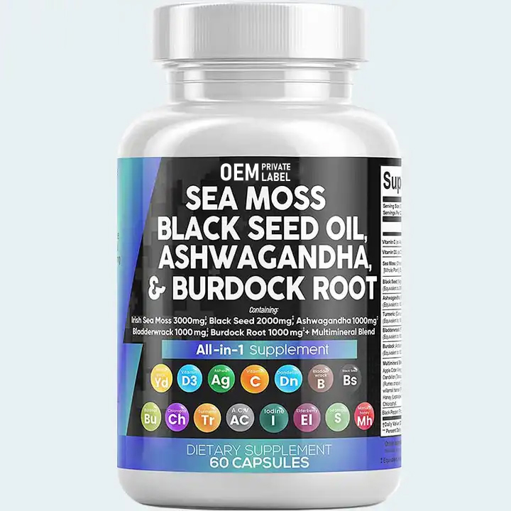 OEM Irish capsule di muschio di mare complesso muschio di mare avanzato più estratto di curcuma 95% con Bladderwrack e radice di Burdock