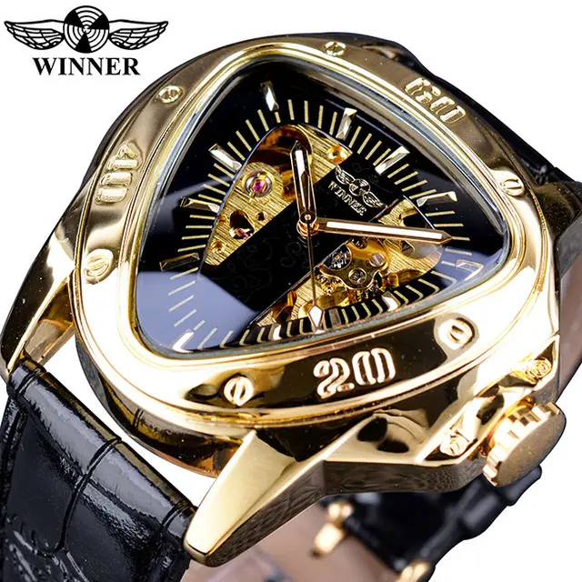 Gewinner Dreieck Golden Skeleton Transparent Motorrad Racing Design Herren Automatische Armbanduhr Top Marke Luxus Herren uhr