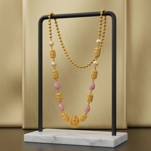 Antique 925 Silver <b>Necklace</b> with Pink Beads and Pearls Long Chain Mala <b>Statement</b> Jewelry for Women Wedding Gift Party Wear - Product Image 3