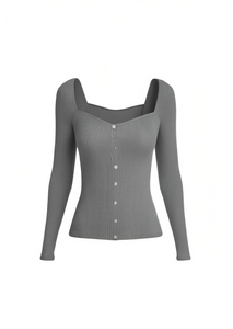 Yms146 Camicetta lavorata a maglia da donna con colletto quadrato, manica lunga, bottoni sul davanti, colore solido, vestibilità elastica, stile minimalista per tutti i giorni - Product Image 1