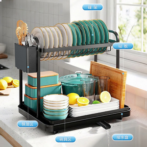 Double Layer Kitchen Countertop Dish Rack With <b>Tray</b> Quick Dry Sink Storage Dish Drainer Square Shape - Product Image 2