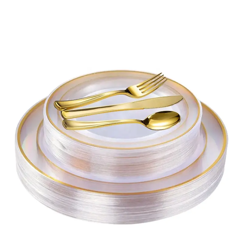 Goldene Plastikteller mit Einweg-besteck, Tassen, Servietten Geschirrsets Gabel-Lahlbügel Messer und Teller für Weeding Party Camping