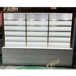Wholesale Cabinets 6 tier Floor Standing Wood Gold Nail Polish Rack with LED light