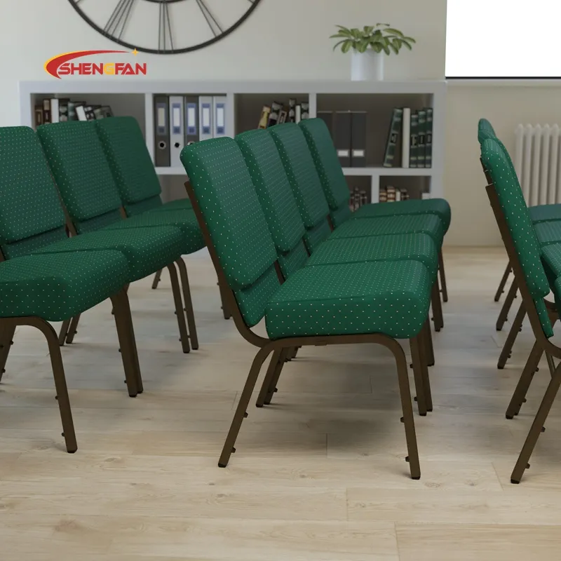 Wholesale Padded Modern Used Church Chair Assento do Pastor Metal Interlock 21 Inch Pastor Seat Green Verde