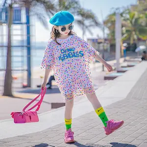2023 yaz çocuk kız elbise kore moda sevimli tatlı kısa kollu mektup Polka Dot baskı giysileri genç elbiseler