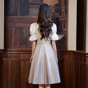 Champagne Bridesmaid Dress With Puff Sleeves Sweetheart Neckline Vintage Style Mid Length Polyester Fabric - Product Image 4