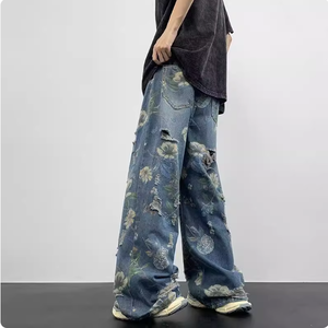 กางเกงยีนส์ทรงตรงกลางผ้าเดนิมทอลายทึบแบบขาดๆ ลุควินเทจสไตล์ฮิปฮอป <span class=keywords><strong>JL</strong></span> สำหรับผู้ชาย ทรงหลวม ใส่สบาย แห้งเร็ว เหมาะสำหรับฤดูร้อน - Product Image 2