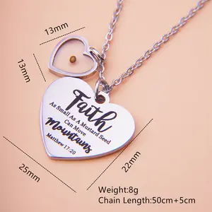 Trendy Heart Lettering Pendant Necklace Jewelry Stainless Steel Faith Mustard Seed Necklace