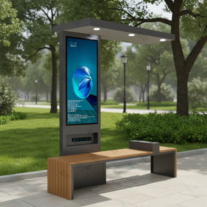 Banc publicitaire intelligent en acier inoxydable et <span class=keywords><strong>bois</strong></span> composite (WPC) à énergie <span class=keywords><strong>solaire</strong></span> CE, <span class=keywords><strong>panneau</strong></span> <span class=keywords><strong>solaire</strong></span> 160W, 4 ports USB, 2 chargeurs sans fil - Product Image 1