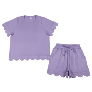 GSSO3171 Vente en gros personnalisée Petite fille Ensemble de vêtements d'été en coton imprimé uni violet à manches courtes pour enfant - Product Image 1