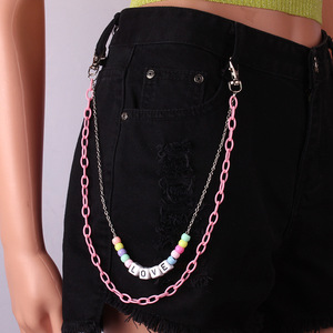 โซ่คล้องกางเกงอะคริลิคสีชมพูสไตล์ฮาราจูกุแบบสองชั้น พร้อมจี้ตัวอักษรและลูกเต๋า สำหรับใส่ทุกวัน แฟชั่นเครื่องประดับ - Product Image 2