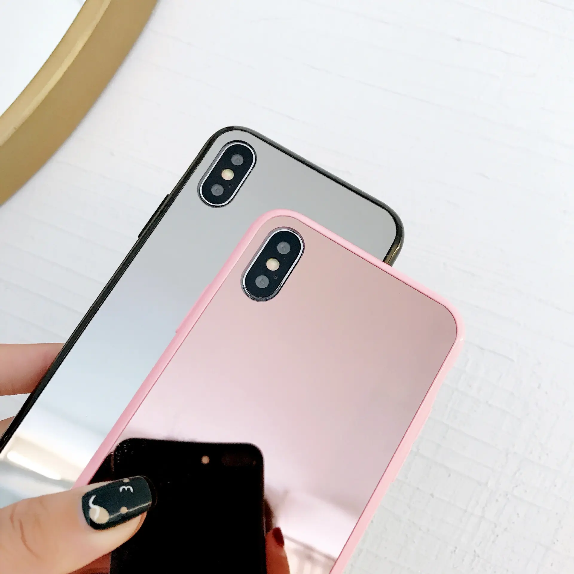 Fashion Plating Mirror Makeup Acrylic Pink Phone Case for iPhone Case XS 7 8 XR 11Pro Max Cover TPU Border Phone Coque