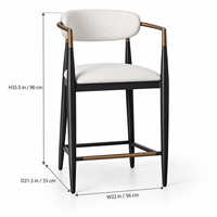 Tabouret de bar moderne avec dossier, accoudoirs en métal bronze et pieds coniques noirs, siège en tissu tissé crème pour îlot de cuisine