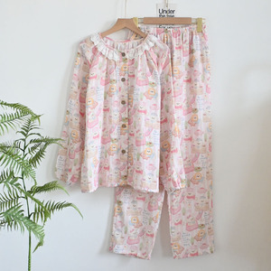 Conjunto de Ropa de Casa de Algodón Puro para las Cuatro Estaciones, Cuello Redondo, con Encaje, Antibacteriano, Manga Larga, Pantalones Largos, Estilo Juvenil - Product Image 3