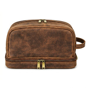 Sac de voyage en cuir véritable Premium Gravs avec fermeture éclair, double compartiment, style vintage, écologique, durable, poignée souple, pour cosmétiques - Product Image 1