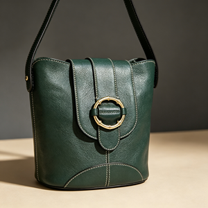 Sac seau vert foncé avec boucle en bambou, bandoulière amovible, sac à main décontracté pour tous les jours - Product Image 6