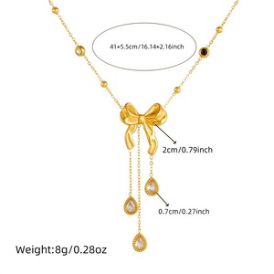 Bowknot Teardrop Tassel Pendant Necklace Gold Rhinestone Chain Jewelry Gift - Product Image 3