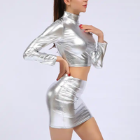 Zweiteiliger PU-Leder-Hochglanz-Temperament-Metallic-Farbe für Damen Sexy Cool Tight Fitting Suit Rock