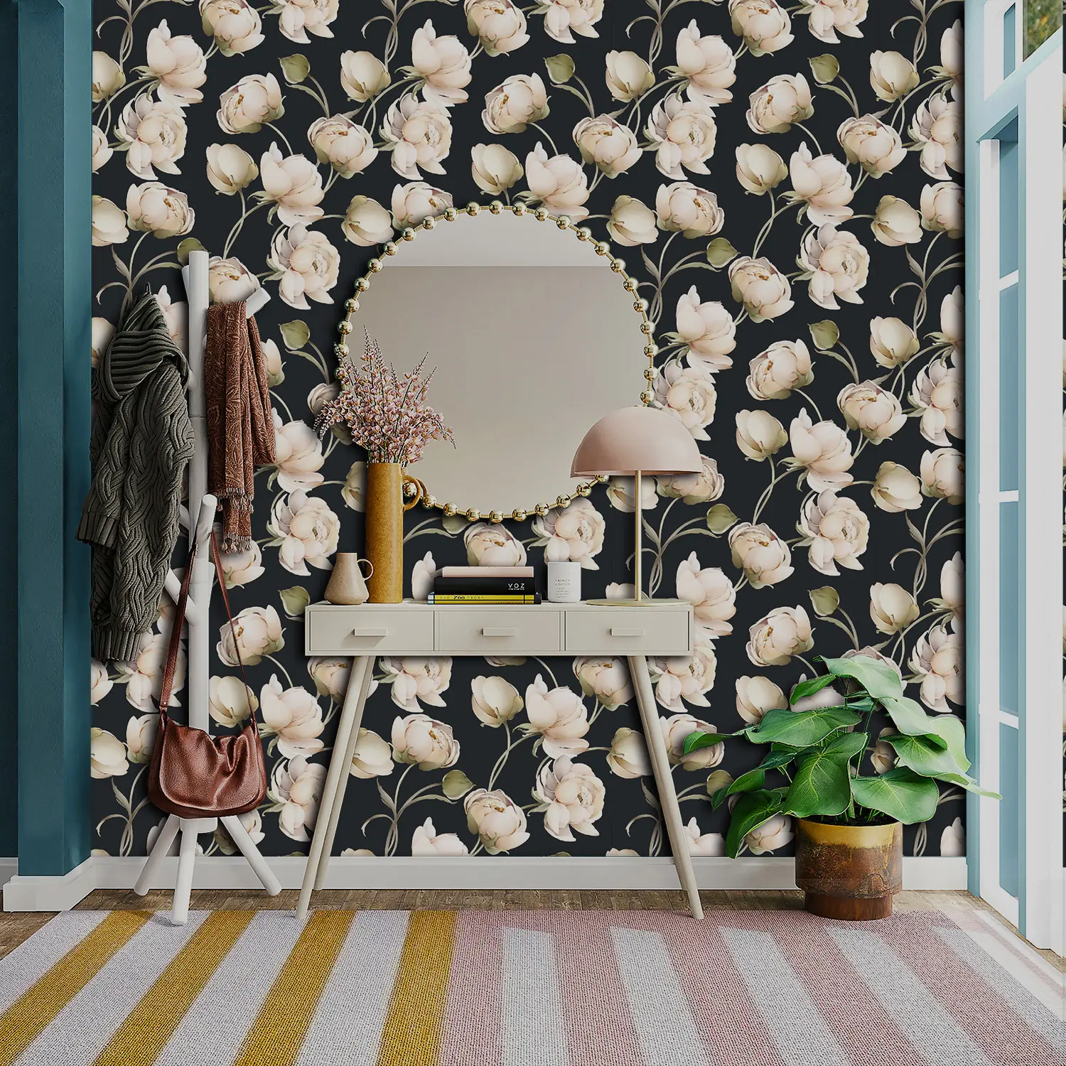Papel de parede escuro, Mural de parede floral removível floral preto, Decalque de móveis
