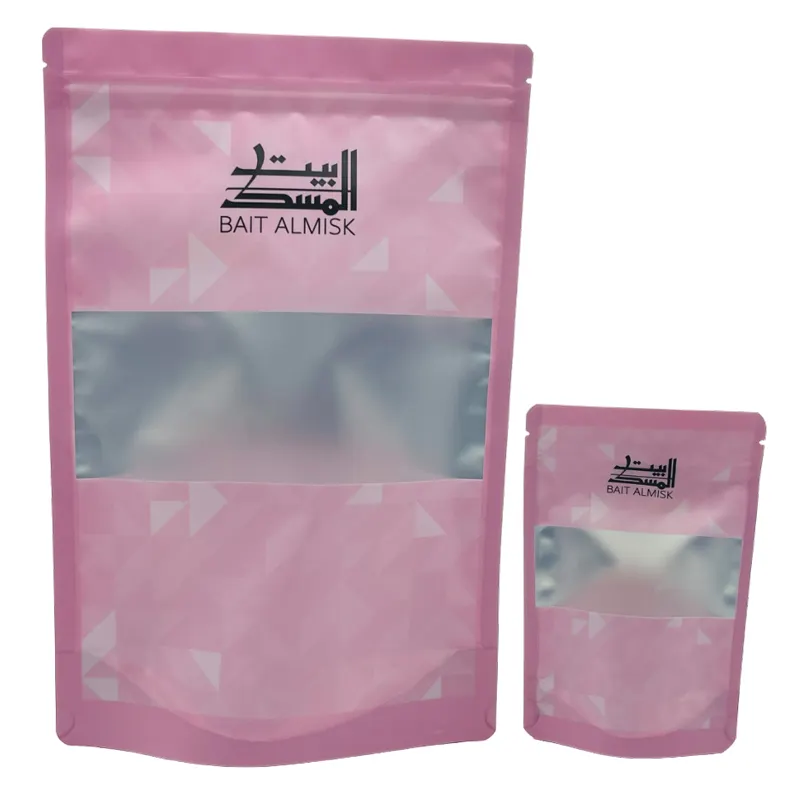 Logo personalizzato rosa trasparente sacchetti Snack riutilizzabili chiusura lampo di plastica Stand Up Pouch con finestra