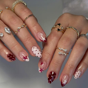 Lot de 24 faux ongles roses à presser, motif étoile et pois, réutilisables, haute qualité, style French Manucure - Product Image 3