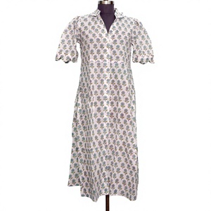 Vestido Midi Casual Vintage para Mujer, Elegante y Dulce, con Cuello en V, Manga Corta, Estampado Floral, 100% Algodón, Cintura Natural con Cinturón, Transpirable - Product Image 1