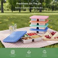 Vaisselle pour enfants et adultes, boîte à bento d'extérieur en acier inoxydable, assiette à quatre compartiments avec couvercle en silicone