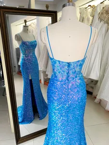 2023 Royal New Sequin Sleeveless Corset High Slit Hand Pleated Prom Evening Women Dresses