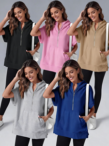 Nouveau <span class=keywords><strong>T</strong></span>-<span class=keywords><strong>shirt</strong></span> à capuche fin pour femme, collection Printemps-É<span class=keywords><strong>t</strong></span>é 2026, coupe ample, manches courtes, avec poches zippées, imprimé décontracté style européen et américain - Product Image 3