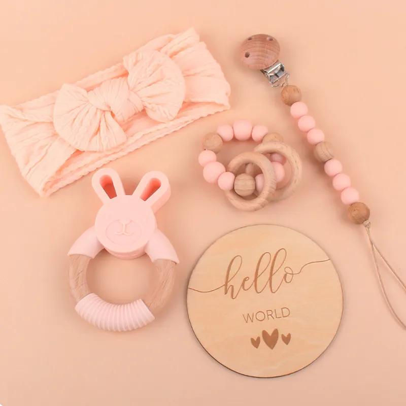 5Pcs Baby Girl Boy Gift Sets Box Newborn Babies Cartoon Cute Rabbit Teethers Hair Band Silicone Pacifier Chain Sets