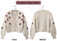 Cardigan décontracté pour femme, personnalisé, en maille tricotée à la machine, motif floral 3D uni, anti-plis, style vintage, col en V, court, boutonné, à manches longues