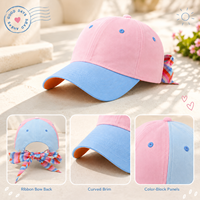 Gorra de Béisbol Dymf para Mujer, con Lazo de Cinta a Rayas de Bloques de Color, Rosa y Azul, de 6 Paneles, Ajustable, Estilo Personalizado, Venta al por Mayor