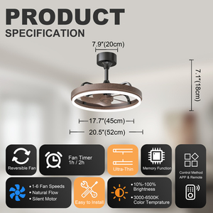 20.5" Rustic Brown <b>Ceiling</b> Fans with <b>Lights</b> <b>Remote</b> & APP <b>Control</b>, Downrod Mount 6 Speeds Quiet DC Motor, Modern Fan for Bedroom - Product Image 6