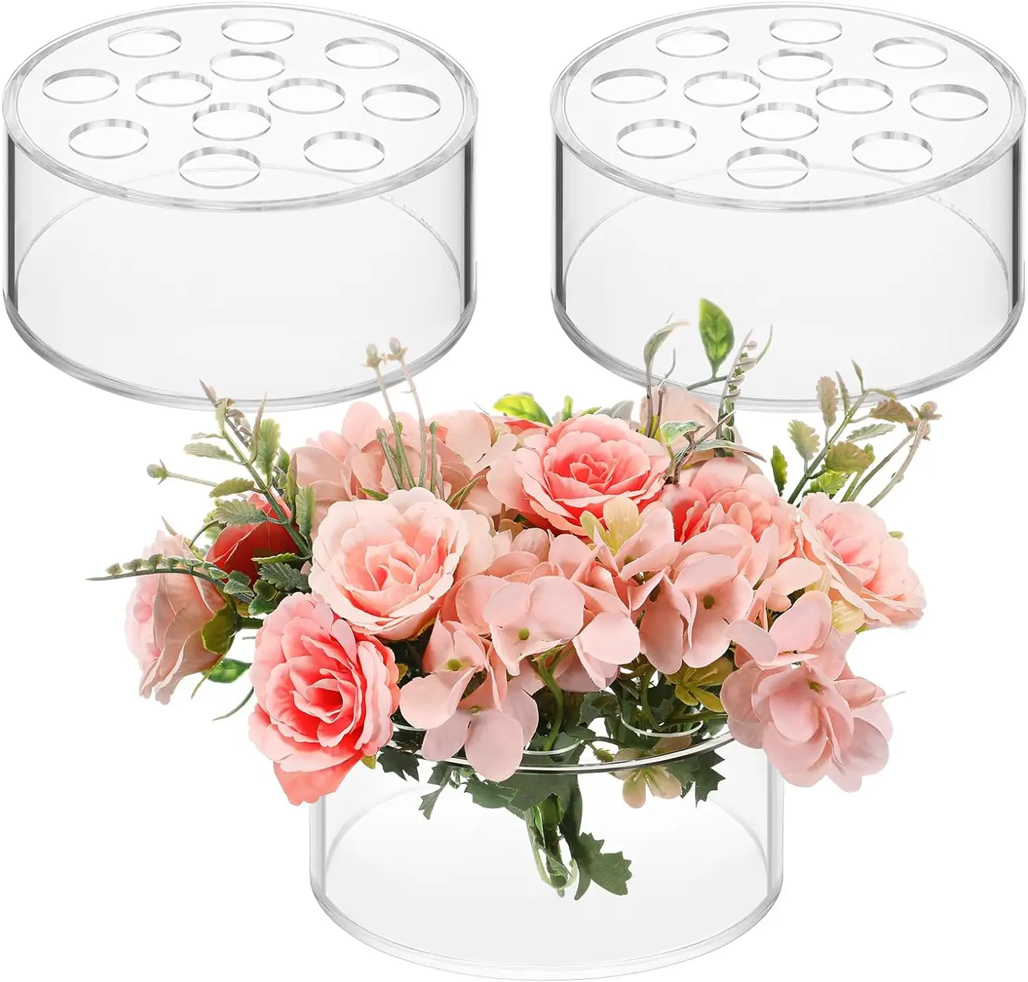 Lote de fábrica personalizado 3 piezas Centro de flores de acrílico transparente redondo jarrón de 12 agujeros Decoración de mesa con agujeros de retención de flores bajas