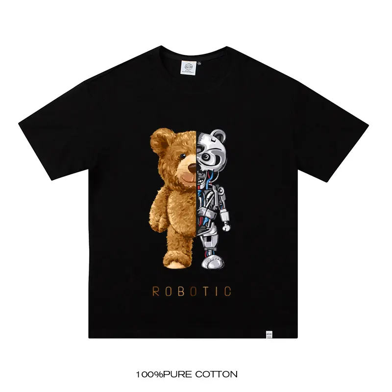 2021 New Summer 100% Cotton T-shirt Teddy Bear Robot Graphic T shirts Oversized Hip Hop Couple Short Sleeve Tops Tees Custom