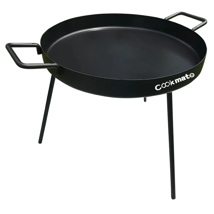 Campfire outdoor BBQ cast iron round baking frying griddle pan skillet loop handles and three removable pedestals and legs