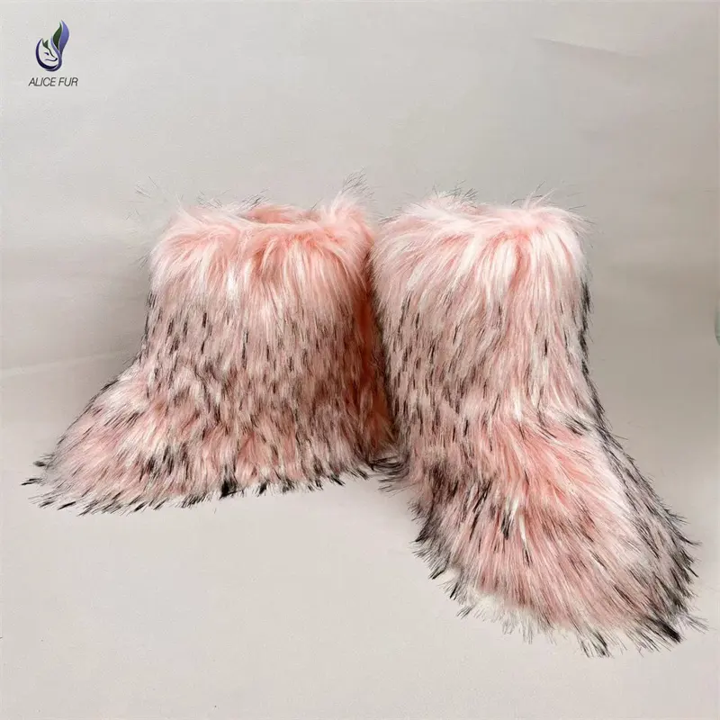 Thời Trang Phụ Nữ Mùa Đông Ấm Áp Xoăn Dài Tóc Lông Thú Tuyết Khởi Động Tùy Chỉnh Fluffy Faux Lông Khởi Động Cho Bán