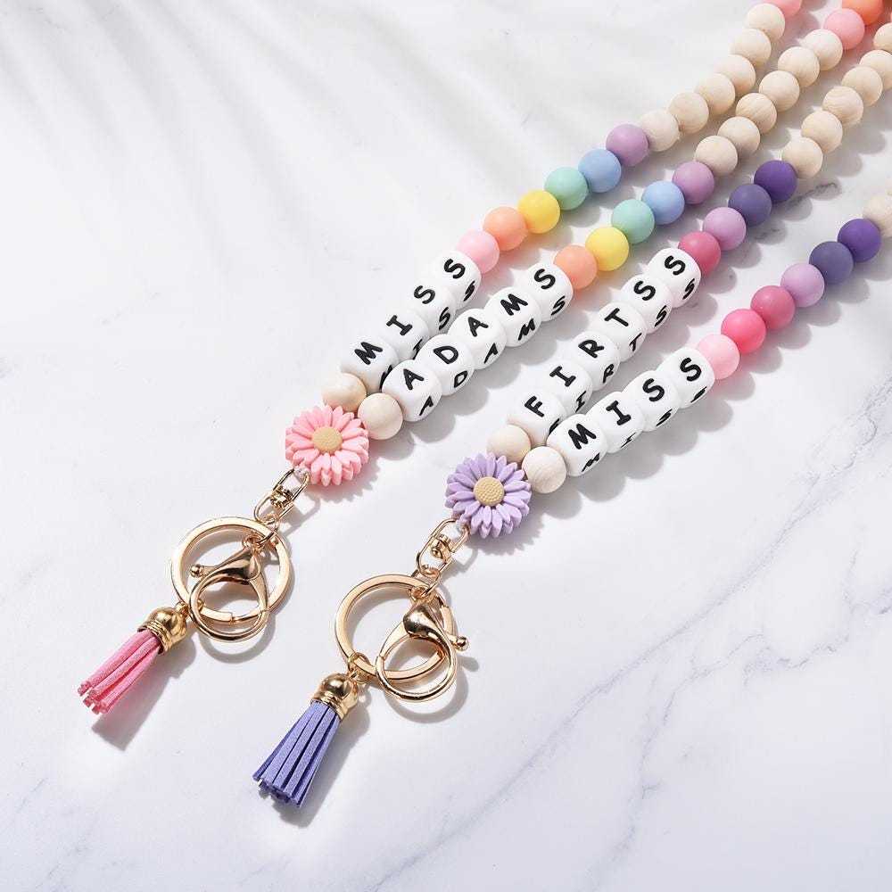 Stacked Books Teacher Lanyard Daisy Bloom Happy Face Smile Be Kind Teacher Lanyard Rainbow Personalized Boho Teacher Lanyard Image 4
